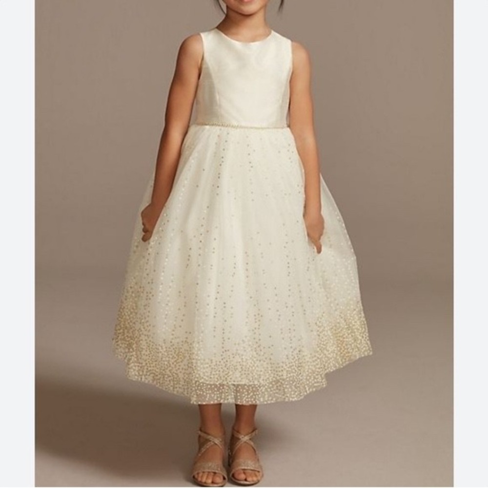 David's Bridal Tulle Dress Kids 5 Ivory Gold Glitter Polka Dot OP217